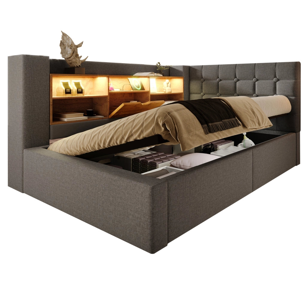 Letto imbottito con contenitore e illuminazione LED