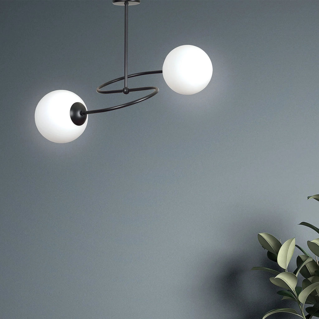Plafoniera Moderna 2 Luci Nezha In Acciaio Nero E Sfere In Vetro Opale