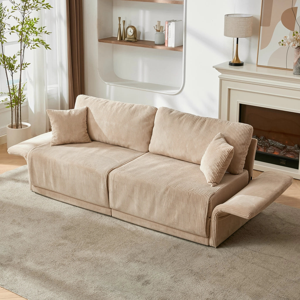 Divano convertibile in tessuto con funzione letto e cuscini imbottiti per soggiorno ufficio e studio beige