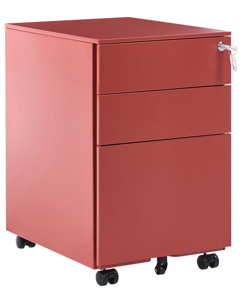 Armadietto mobile contenitore Metallo Rosso 3 Cassetti Con Serratura A Chiave Ruote Ufficio Industriale