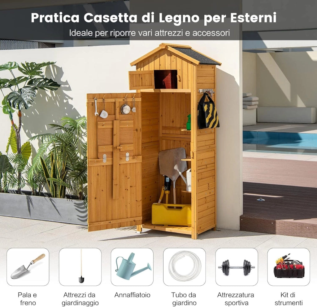 Armadio da Esterno in Legno, Capanno da Giardino con Serratura, Tavolo Pieghevole, Tetto Impermeabile, Ganci, Ripiani Rimovibili e 4 Staffe Metalliche, per Patio, Giardino e Cortile (Legno)