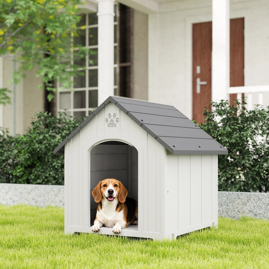 Casetta per Cani Esterna Grandi in Plastica con 2 Finestre e Base Sollevata ¨C Minimal ¨C Grigio