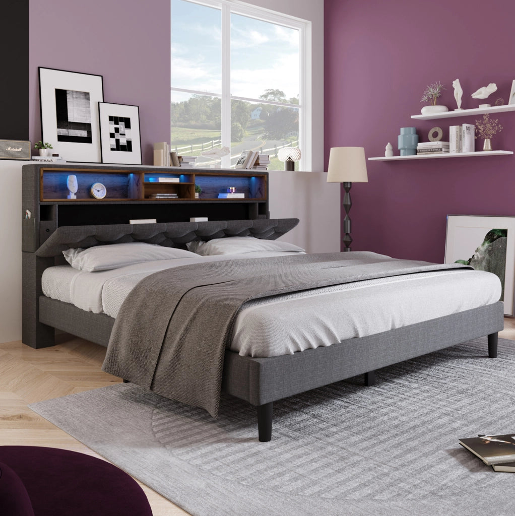 Letto matrimoniale ULEVR 140x200 cm con testiera contenitore e LED multicolore, grigio