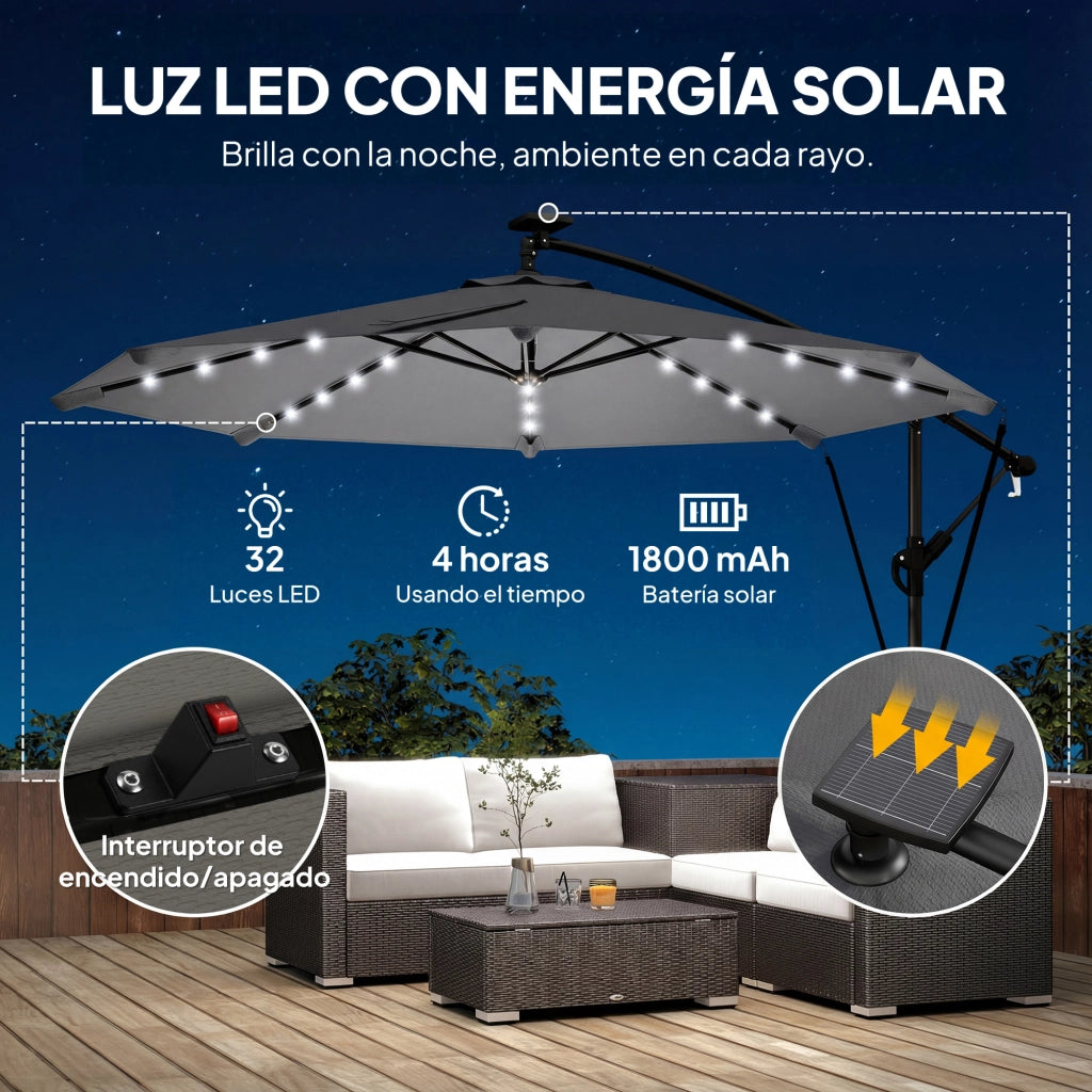 Ombrellone Parasole Grigio con Luci LED Solari 330x295 cm Base Crociata ¨C zephmum ¨C Grigio Scuro