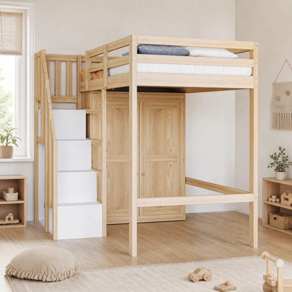 Letto a soppalco 90x200 cm in legno colore naturale con armadio e scala con spazio contenitivo