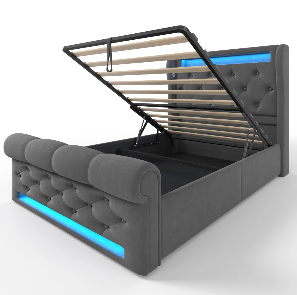 Letto singolo con contenitore; LED; USB e Type-C 90x200 cm in velluto grigio