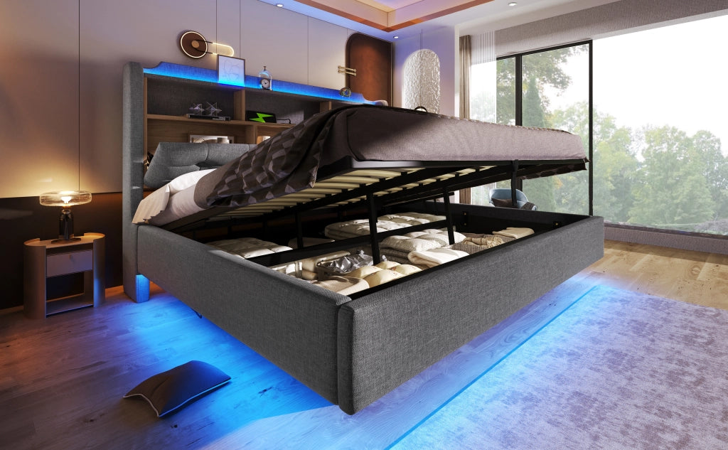 Letto imbottito 180x200 cm con contenitore idraulico e striscia LED multicolore; tessuto grigio
