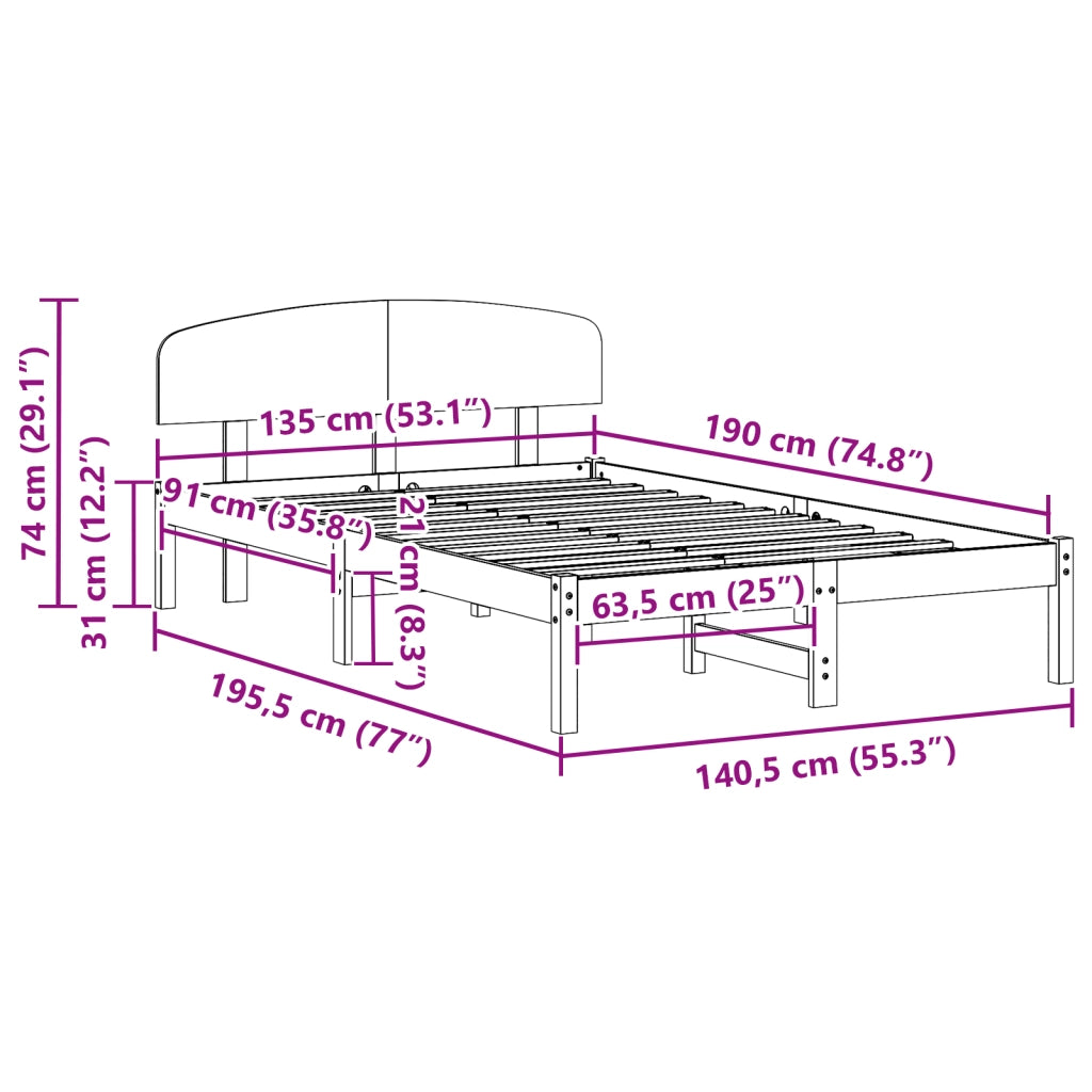 Struttura Letto con Testiera Bianca 135x190 cm in Legno Massello di Pino