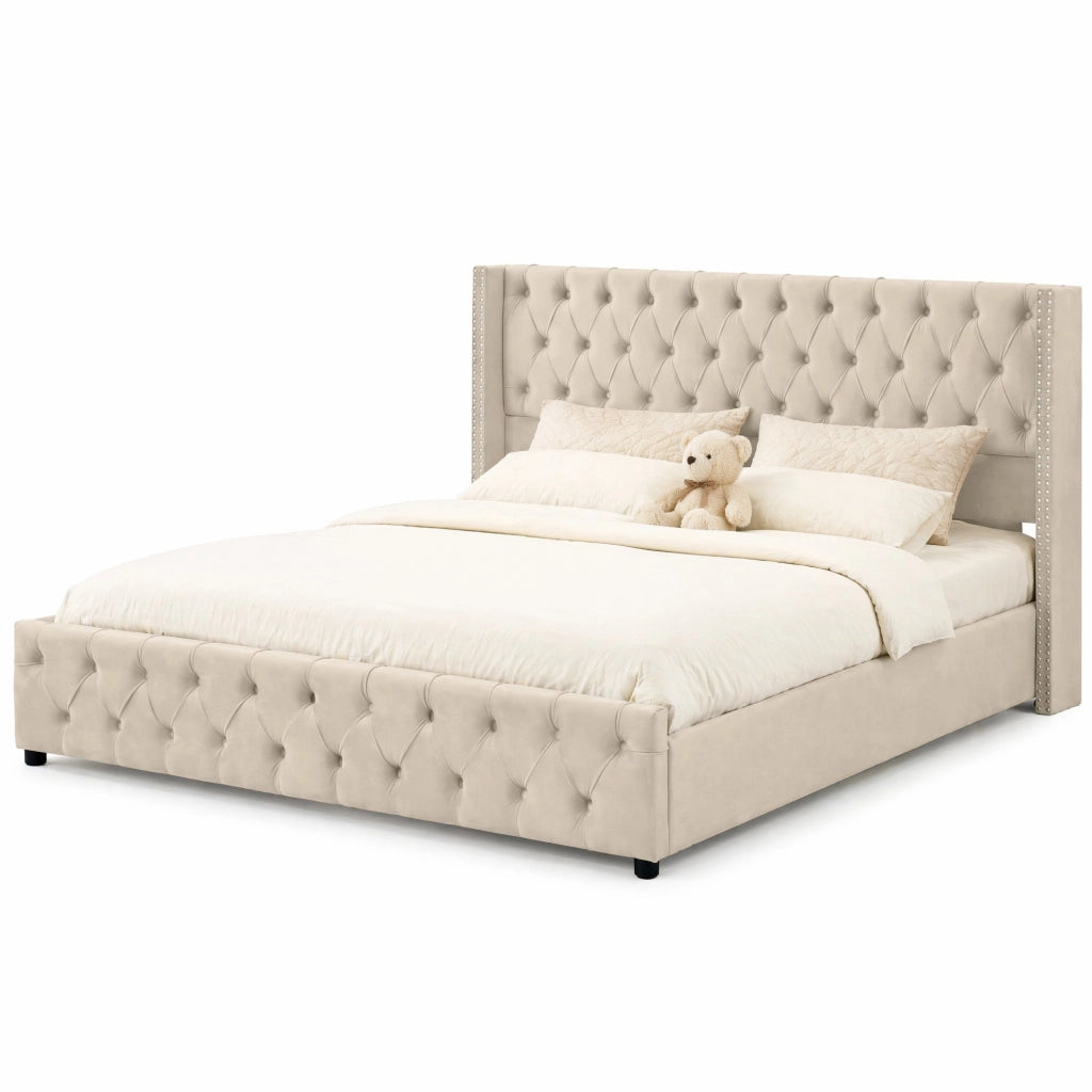 Letto matrimoniale contenitore 160x200 cm in velluto beige stile Chesterfield