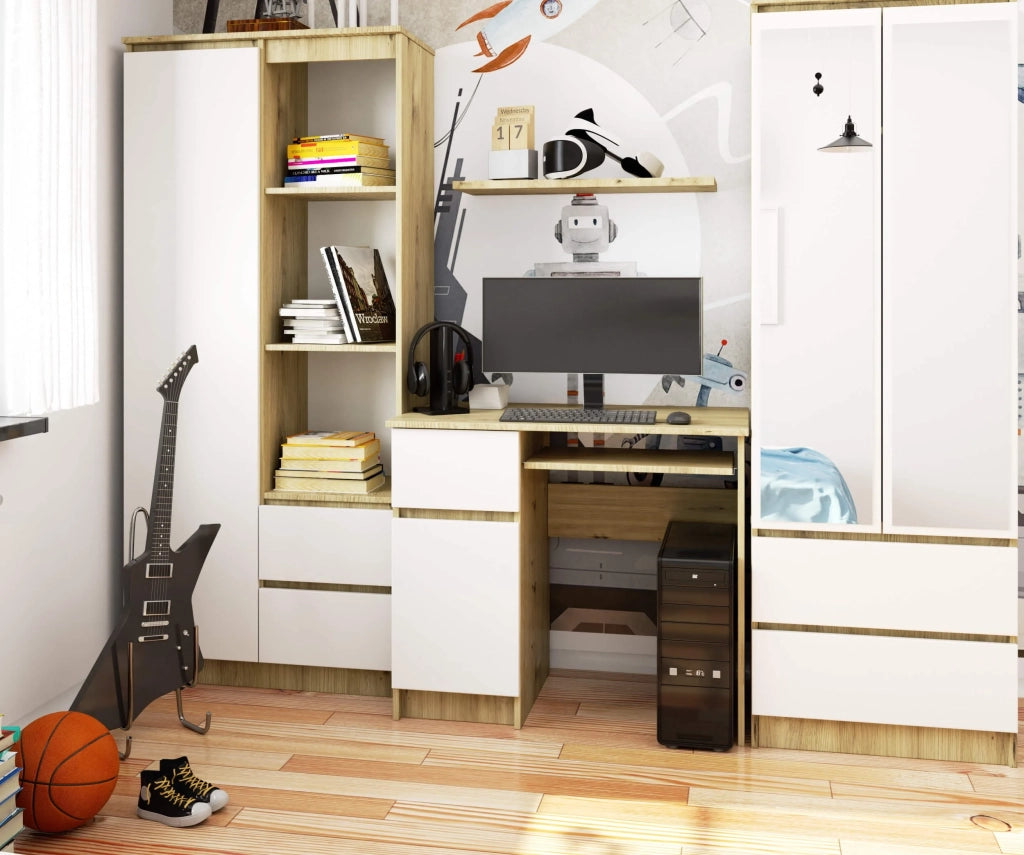 Scrivania per computer AKORD PIKSEL Quercia Artisan 90 cm 1 anta 1 cassetto inserto frontale Bianco 90x50x77 cm Modello a sinistra