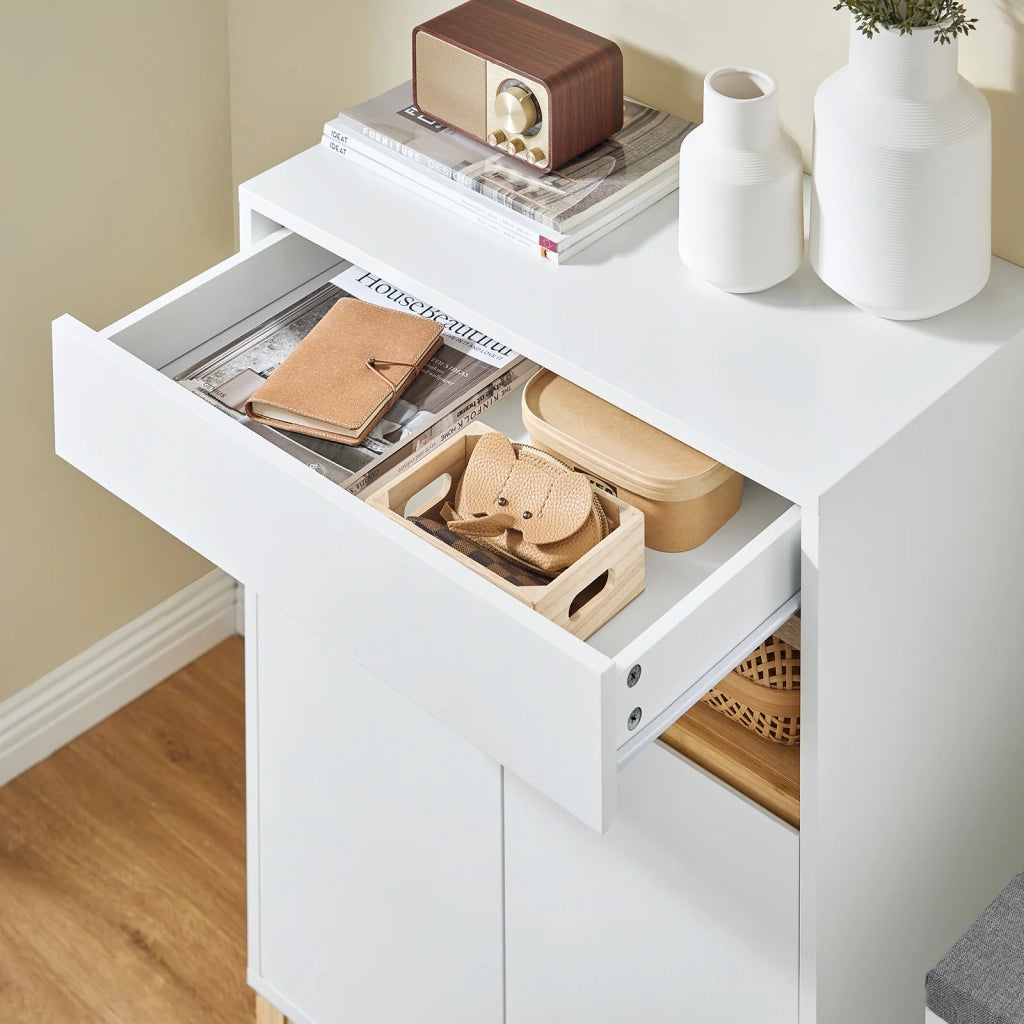 SoBuy Mobile multifunzionale per ingresso, soggiorno e cucina, con 1 cassetto, 1 scomparto e 2 porte, mobile per scarpe e armadio da stoccaggio, Bianco-Naturale L60xP34xA85 cm FSB97-WN