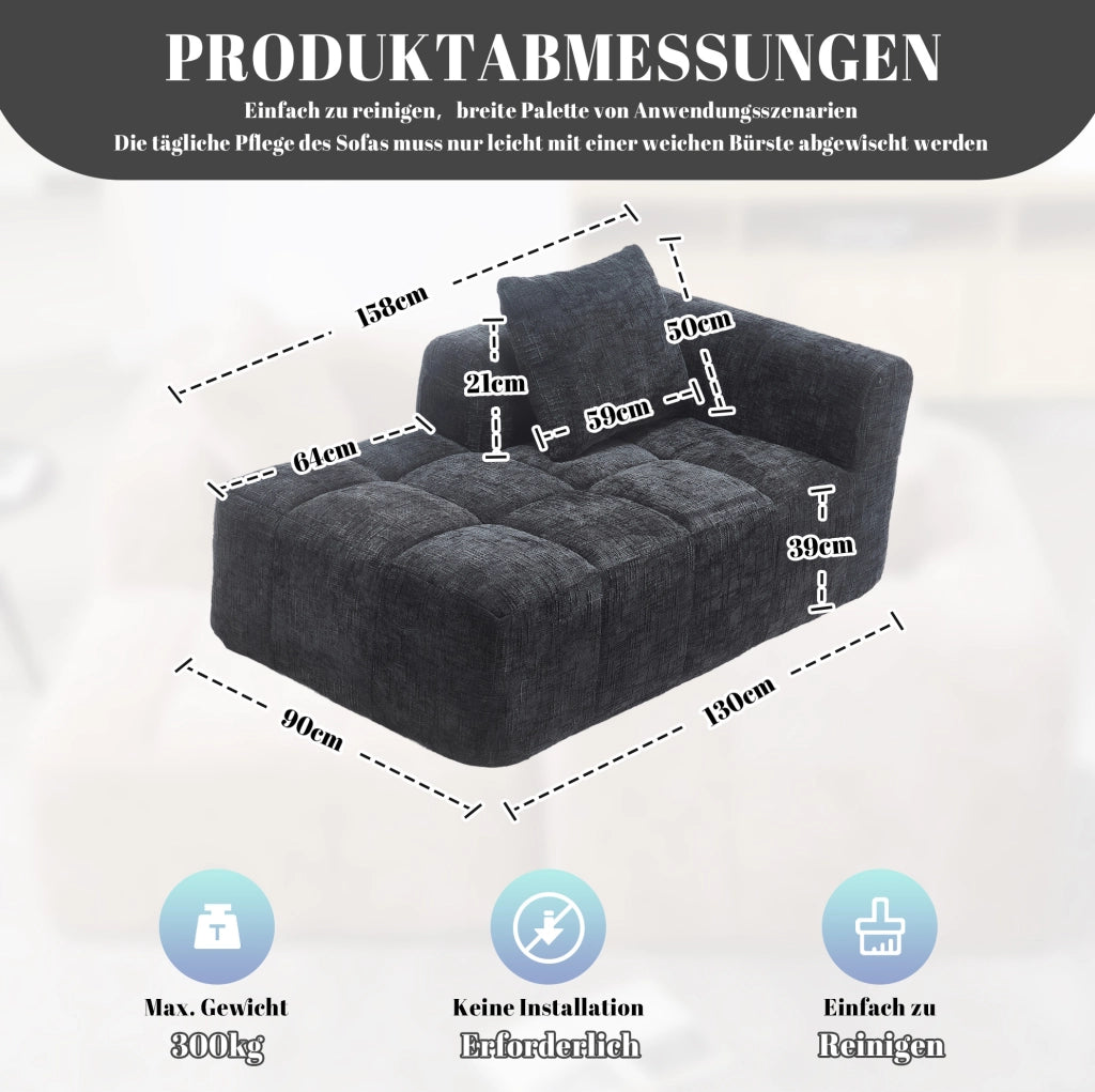 Divano Chaise Longue imbottito con tessuto Chenille nero, 158x90x60 cm, con cuscino e tasche laterali
