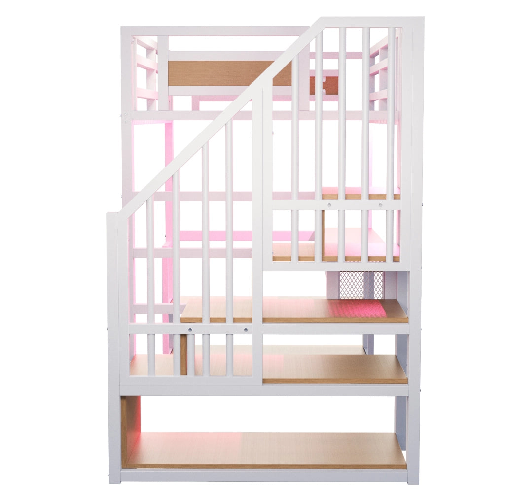 Letto a soppalco in metallo 90x200 cm con scrivania; scaffali e scala contenitore; bianco
