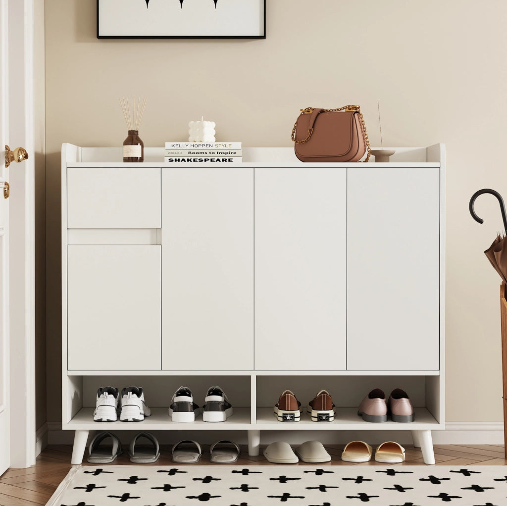 Mobile da ingresso moderno con ripiano regolabile; 1 cassetto e 4 ante; 120x35x99 cm; bianco