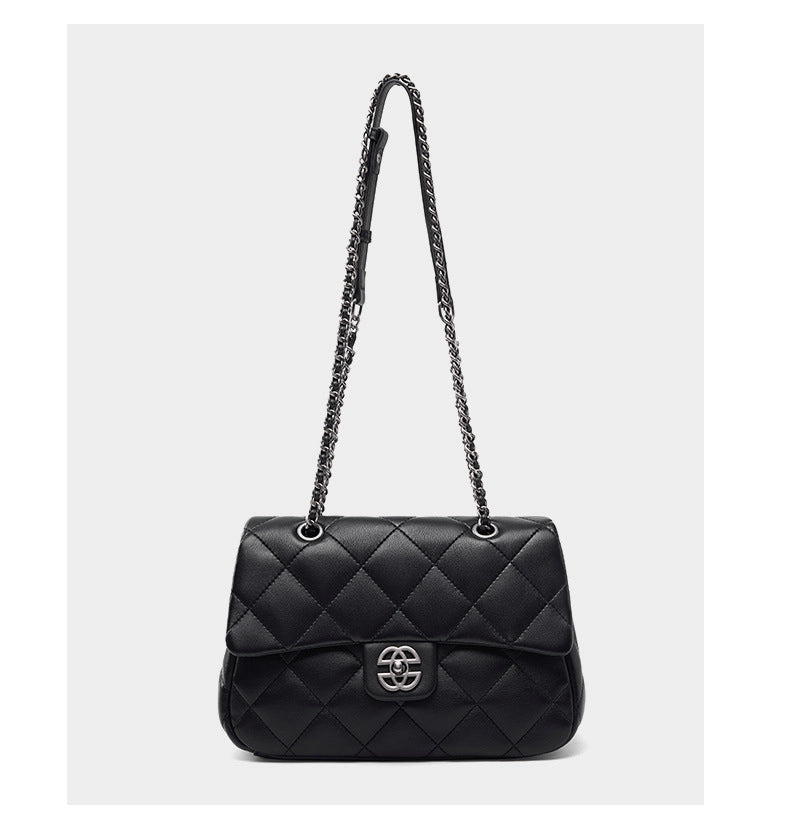 Borsa a tracolla da donna in vera pelle con catena a maglia romboidale, colore nero.