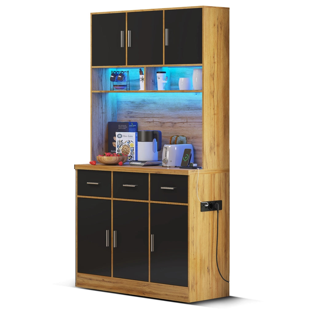 Credenza 100x40x180 cm con LED e controllo APP; prese USB; ripiani regolabili; naturale e nero