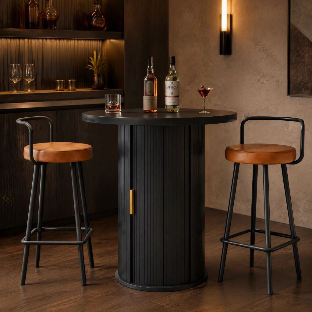 Set tavolo bar rotondo con 2 sgabelli, spazio contenitore e sedute ergonomiche in MDF e metallo nero per casa