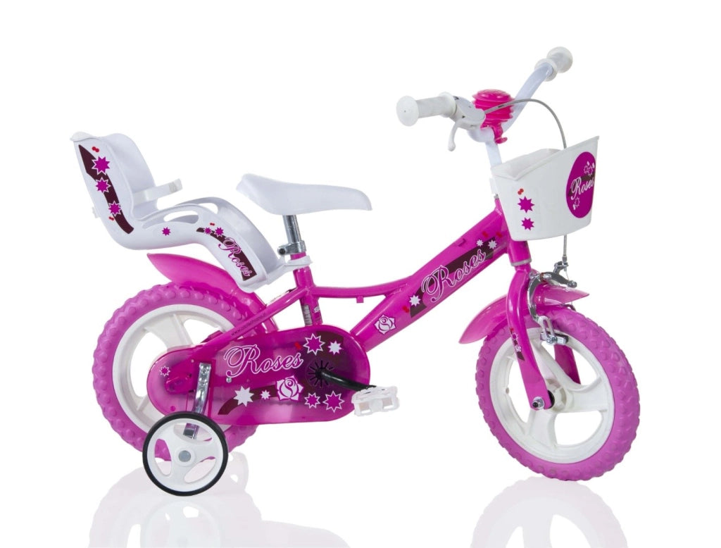 SCH ROSES 12", bicicletta per bambini, adatta a bambini tra i 3 e i 5 anni, per altezza tra 85 e 105 cm, cestino, trombe