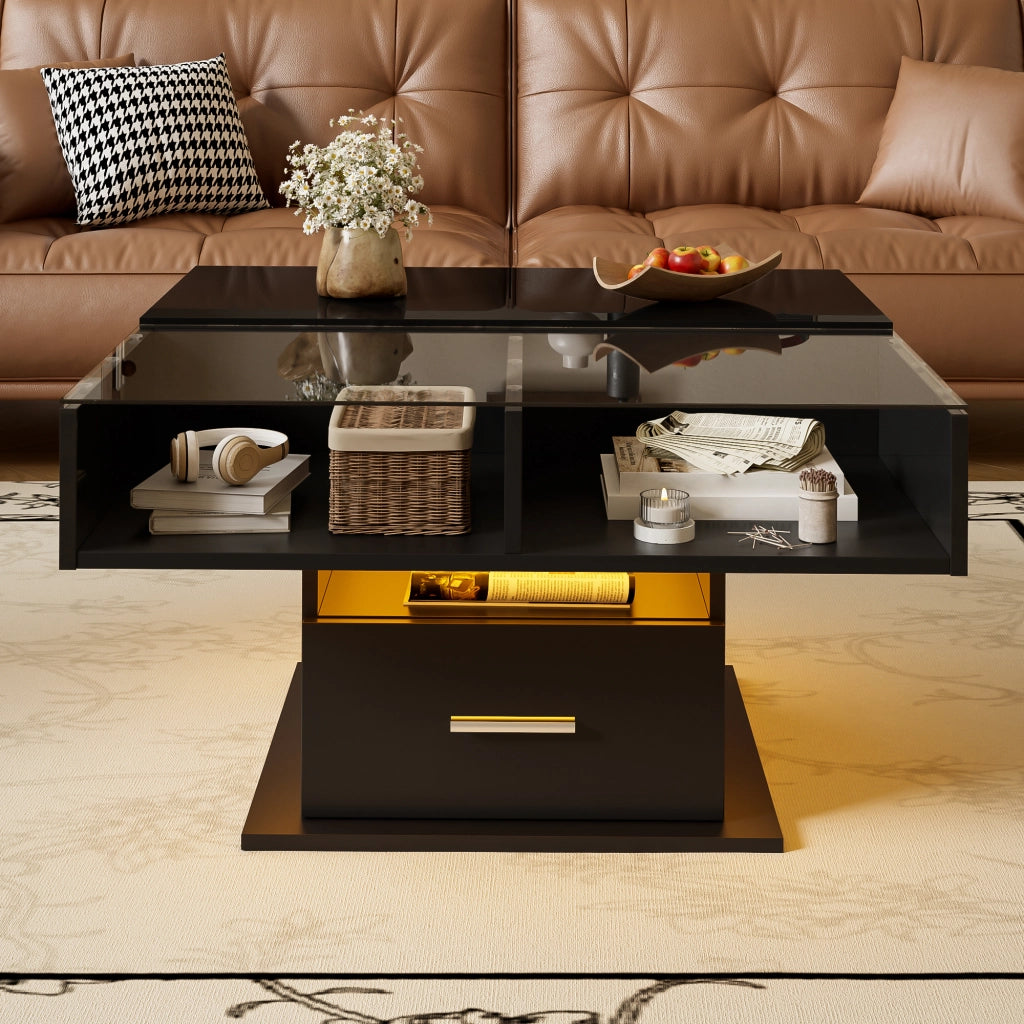 Tavolino da caffè 78x78x45.5/59.5 cm; sollevabile con LED e vano contenitore; truciolare; nero