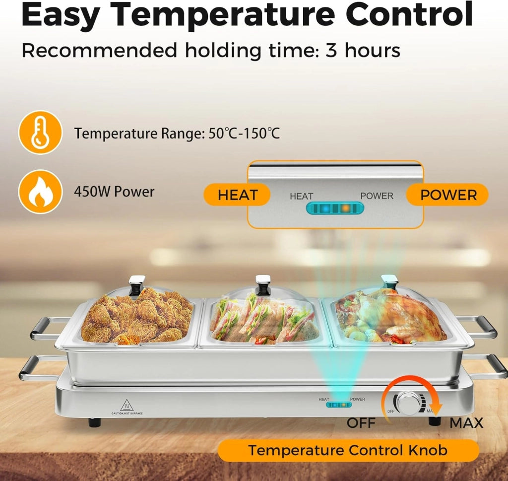 Scaldavivande Elettrico per Buffet 9L 450 W, Vassoio Scalda Vivande in Acciaio Inox con 3 Contenitori & Coperchi, Borsa, Temperatura 50-150℃, per Feste, Matrimoni, Ristoranti