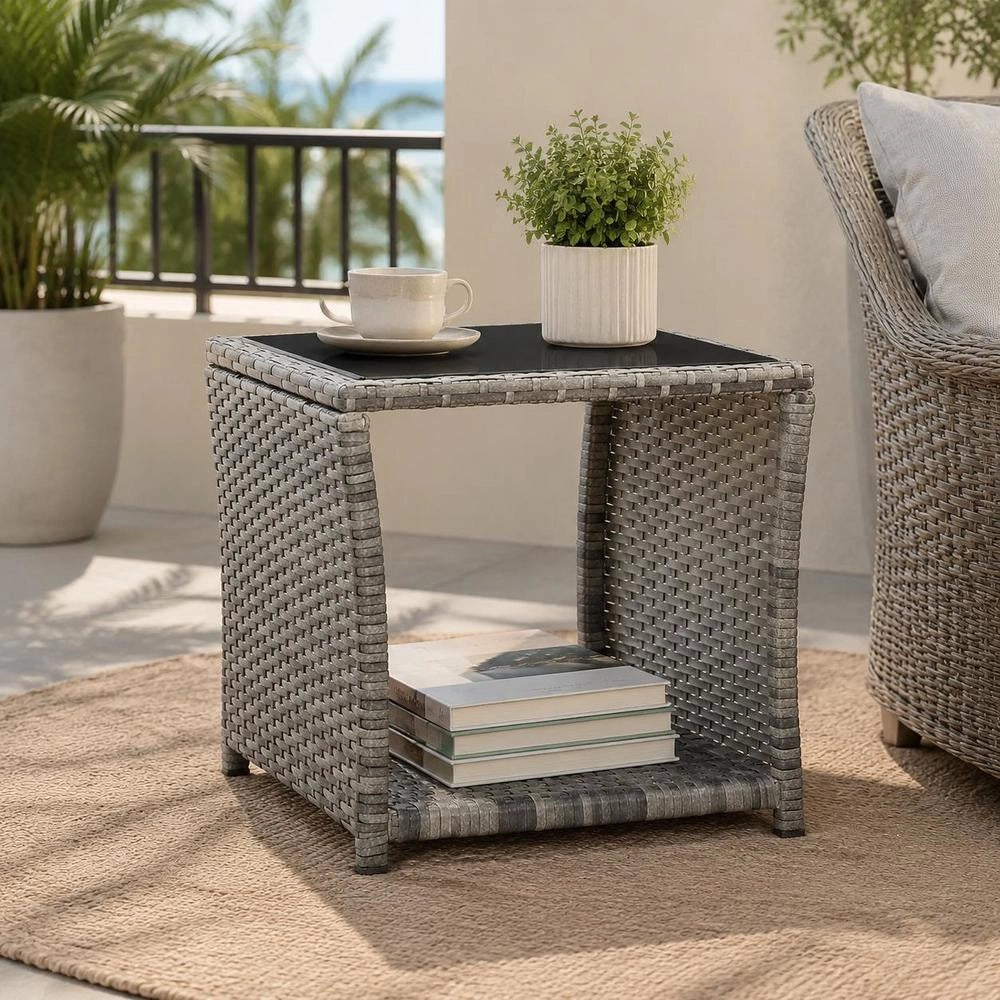 Coffee Table Grey 45x45x40 Cm Poly Rattan And Glass