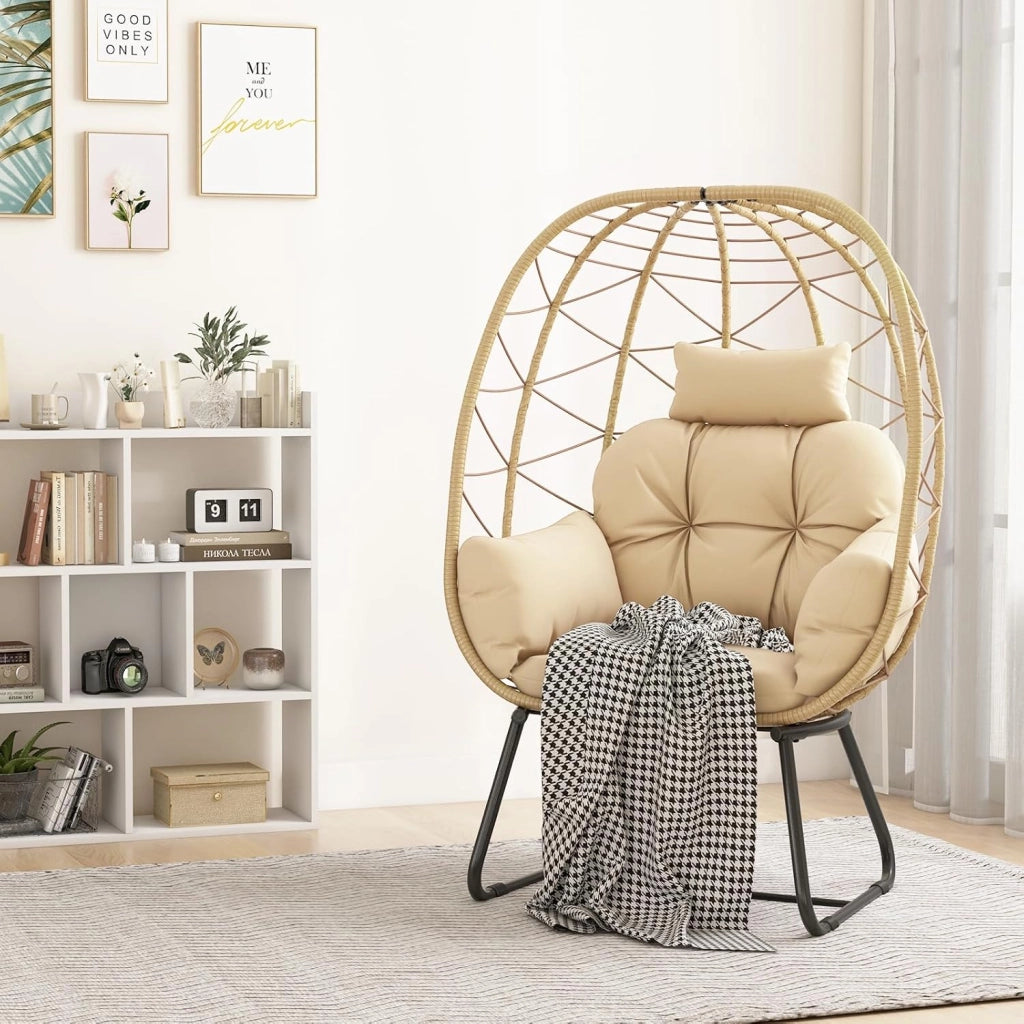 Poltrona in Rattan da Giardino, Sedia a Nido con Cuscino Rimovibile, Supporto in Metallo, Sedia a Uovo da Interni ed Esterni, Portata 150 kg, 100 x 76 x 145 cm (Beige)