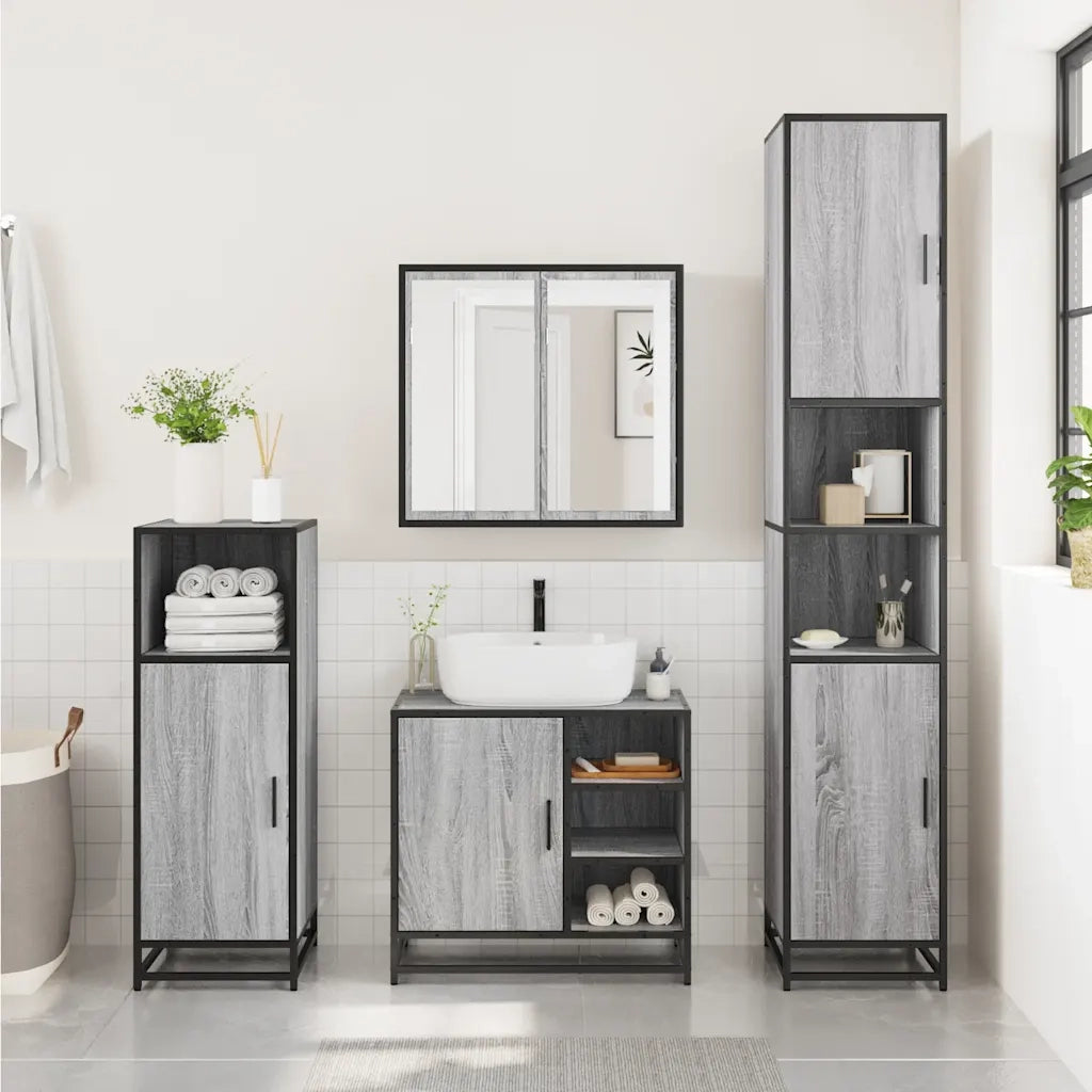 Set Mobili da Bagno | Armadio da bagno 3 pz Grigio Sonoma in Legno Multistrato
