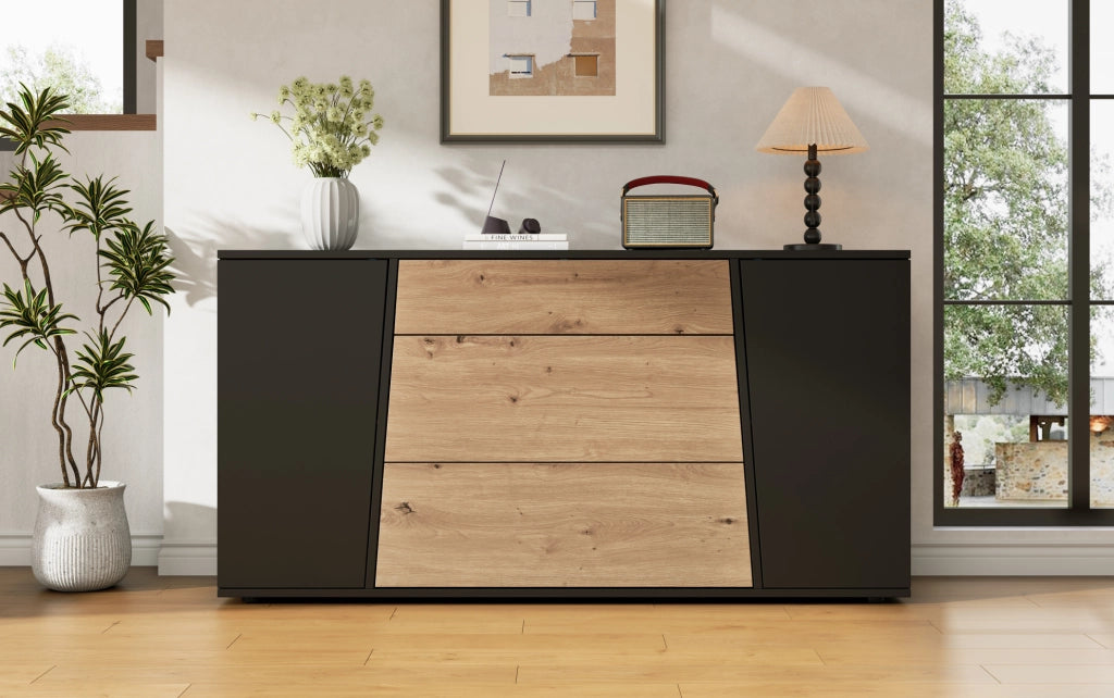 Sideboard 140×35×70 cm in MDF Nero e Legno con 3 Cassetti e 2 Ante Regolabili