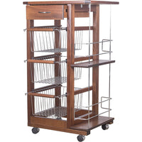 Carrello Cucina Salvaspazio in Legno di Faggio con Cassetto E Cesti Contenitori Portabottiglie Vino 4 Ruote Girevol Noce