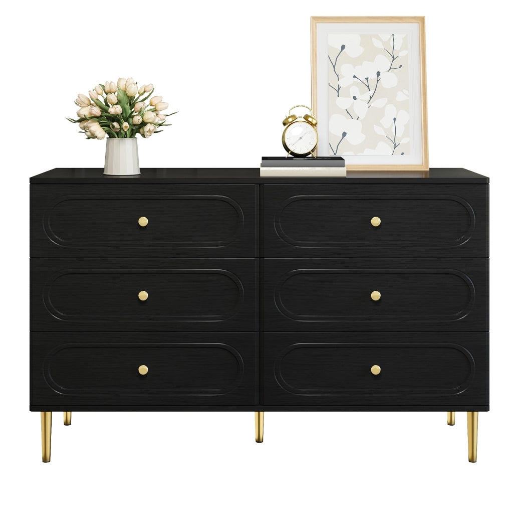 Credenza nera con 6 cassetti e gambe in metallo 120 cm