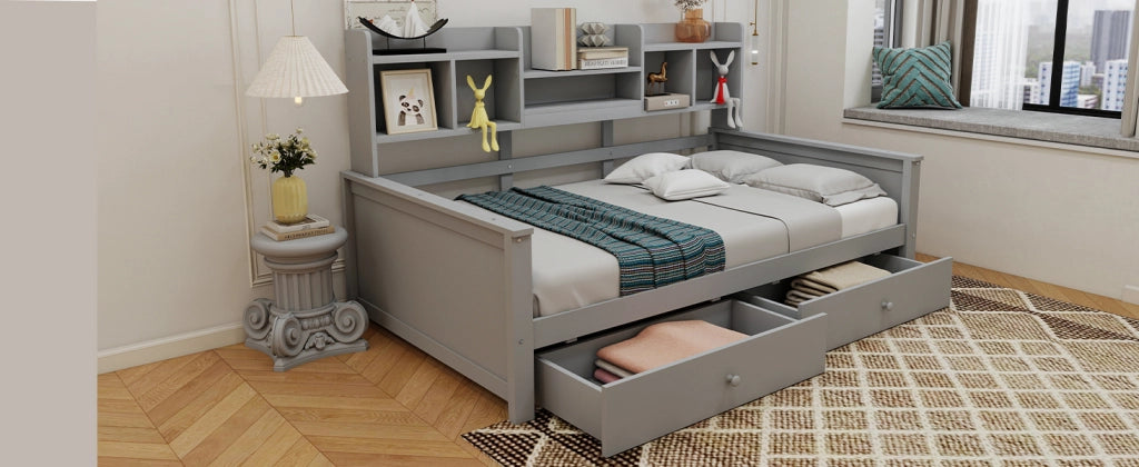Divano letto con 2 cassetti e vani portaoggetti in legno massiccio per cameretta e ragazzi, grigio 90 × 200 cm