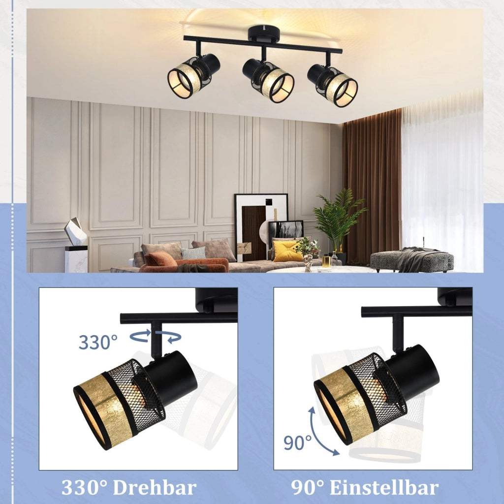 ZMH Faretto da soffitto metallo 3 luci E27 max 25W paralume tessuto girevole 330° per soggiorno