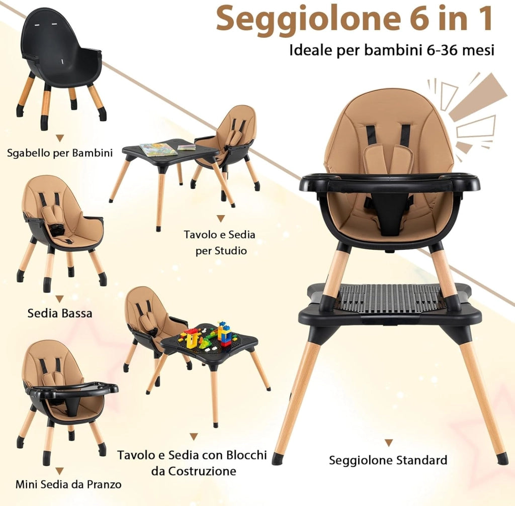 6-in-1 Seggiolone per Neonati, Seggiolone Prima Pappa, Tavolo e Sedia Convertibile per Bambini, Imbracatura di Sicurezza, Vassoio Rimovibile, per Bambini 6-36 Mesi (Caffè+Nero)