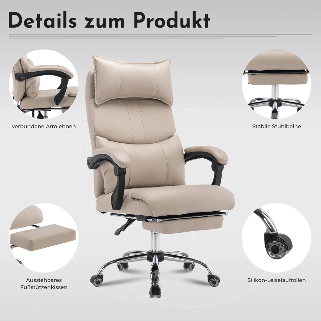 Chaise de bureau ergonomica girevole con supporto lombare regolabile e poggiapiedi in tessuto tecnico beige