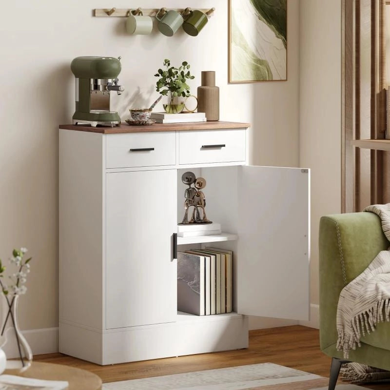 CREDENZA MODERNA 2 CASSETTI E ARMADIETTO 2 ANTE, RIPIANO INTERNO REGOLABILE, BIANCO E LEGNO