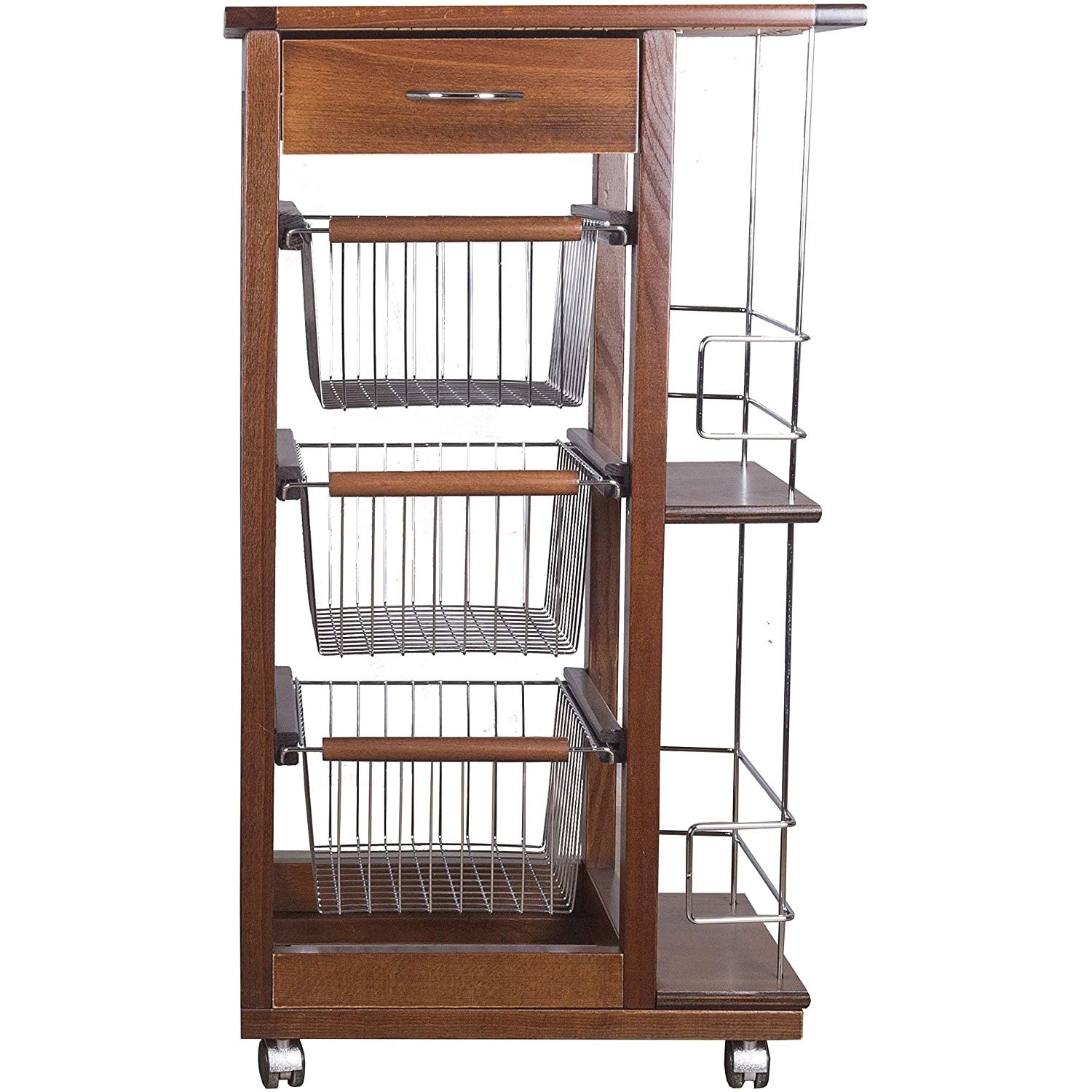 Carrello Cucina Salvaspazio in Legno di Faggio con Cassetto E Cesti Contenitori Portabottiglie Vino 4 Ruote Girevol Noce
