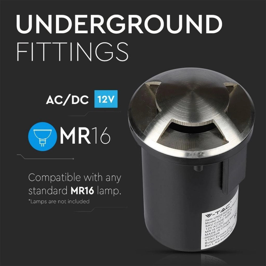 Portalampada da Interramento Calpestabile Rotondo MR16 (Max 20W) Colore Nero e Acciaio con 3 Fasci di Luce IP65