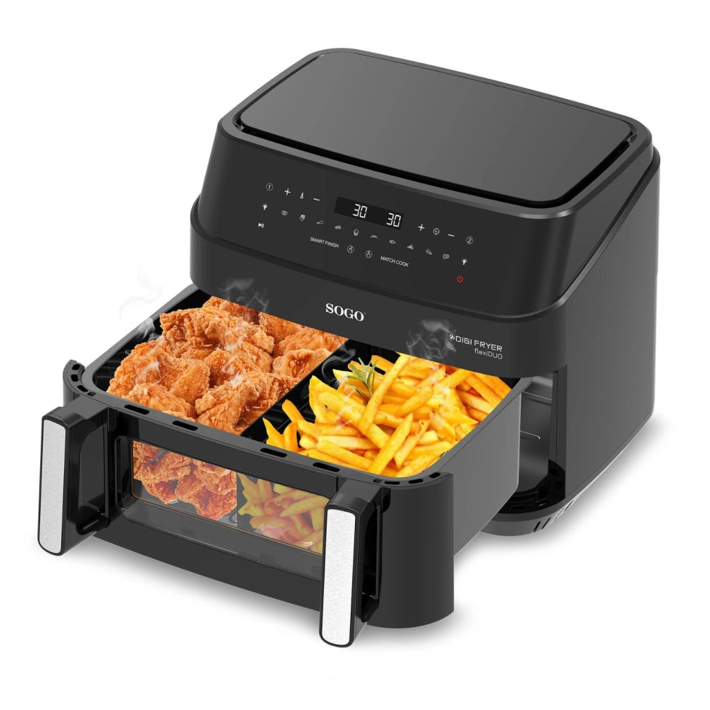 Friggitrice ad aria XXL 10,5L 2600W con doppia cottura Smart Finish e Match Cook, finestra e display touch, per cucina senza olio - Sogo