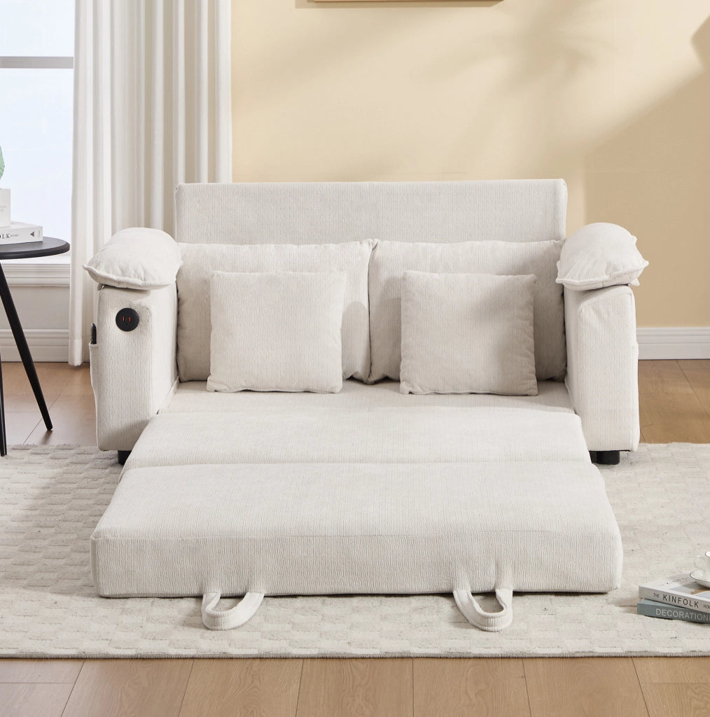 Divano letto convertibile 135x66x80 cm in tessuto bianco con tasche laterali -