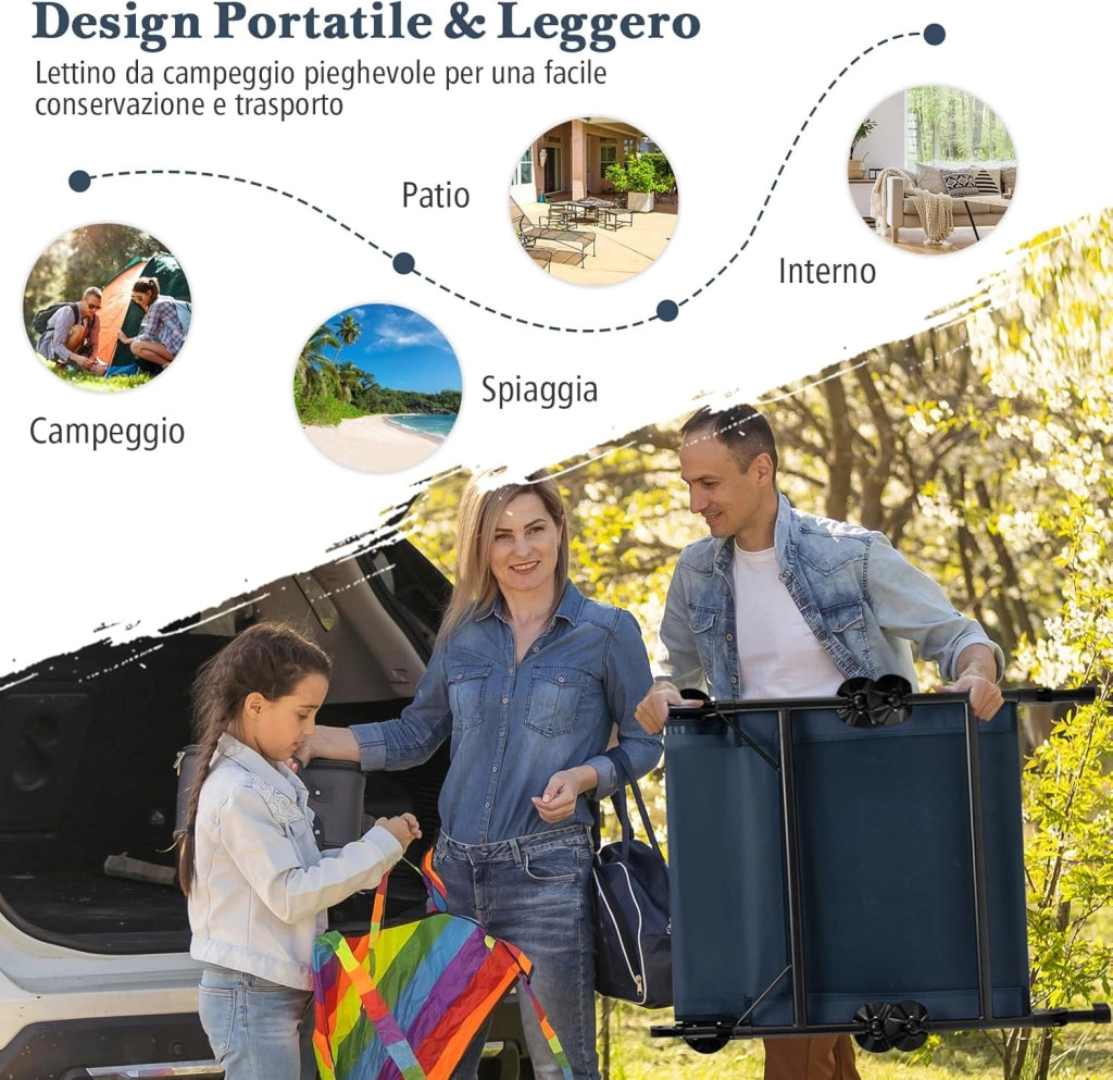 Brandina da Campeggio Pieghevole con Materasso Rimovibile, Poggiatesta, Schienale Regolabile in 6 Posizioni e Copripiedi Girevole a 360°, per Campeggio, Ufficio e Ospiti (Blu)