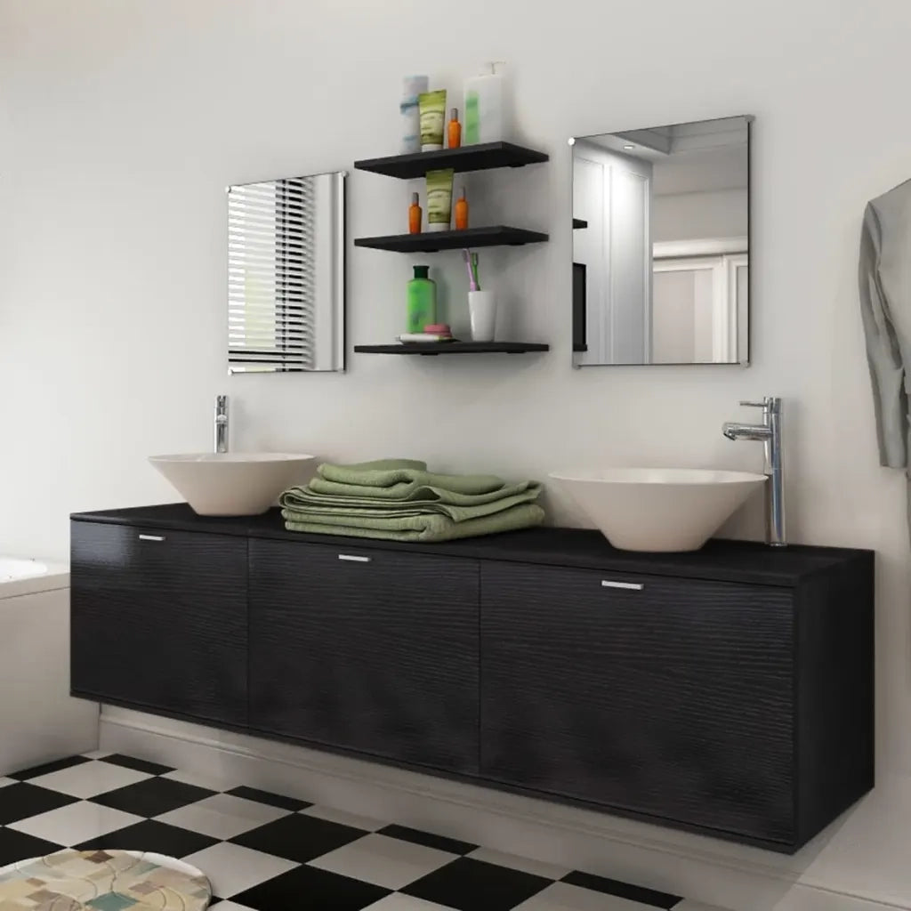 Set Mobili per Bagno 10 pz con Lavandino e Rubinetto Nero cod mxl 47532