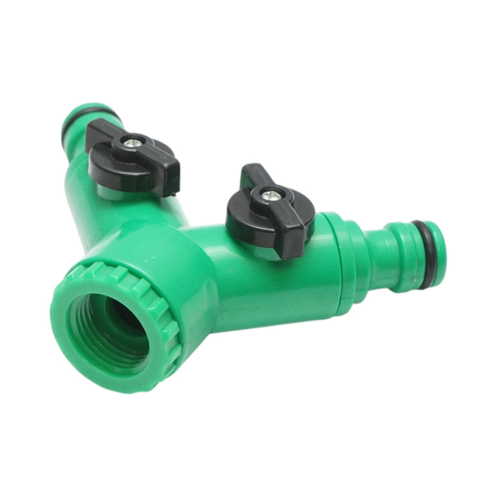 Distributore Y a 2 vie con rubinetti e connettore rapido per tubo da giardino 1/2-3/4