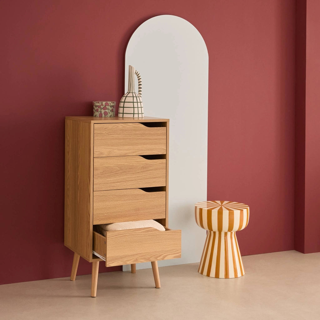 Cassettiera decorata in legno con 4 cassetti, marrone naturale