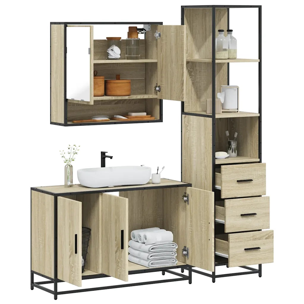 Set Mobili da Bagno | Armadio da bagno 3 pz Rovere Sonoma in Legno Multistrato