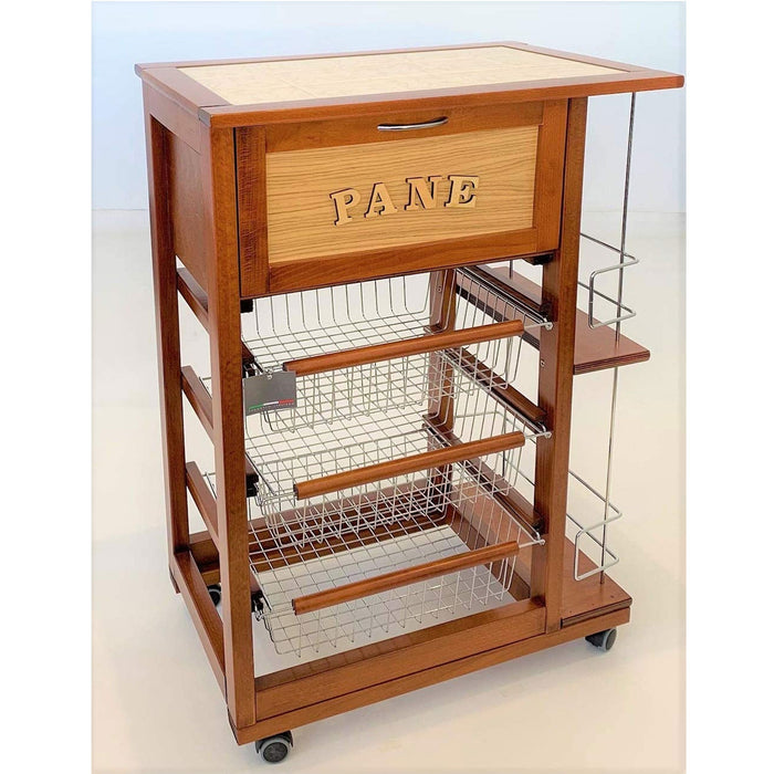 Carrello Cucina Salvaspazio In Legno Di Faggio Con Cassetto E Cesti Contenitori Portabottiglie Vino 4 Ruote Gir Ciliegio