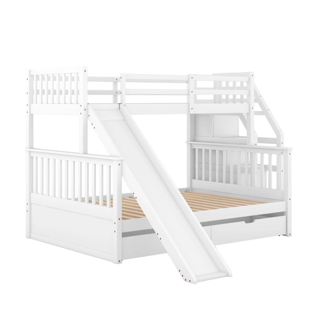 Letto a castello 90×200 e 140×200 con 2 cassetti; vani contenitore e scivolo; senza materasso; bianco