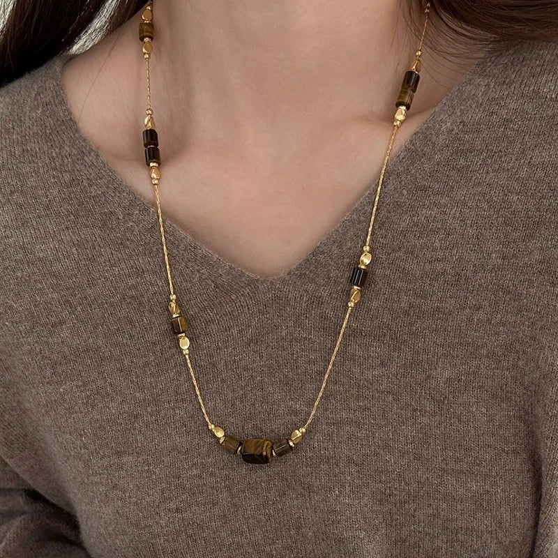 Collana a catena con perline in occhio di tigre, stile vintage, a strati, elegante e semplice.