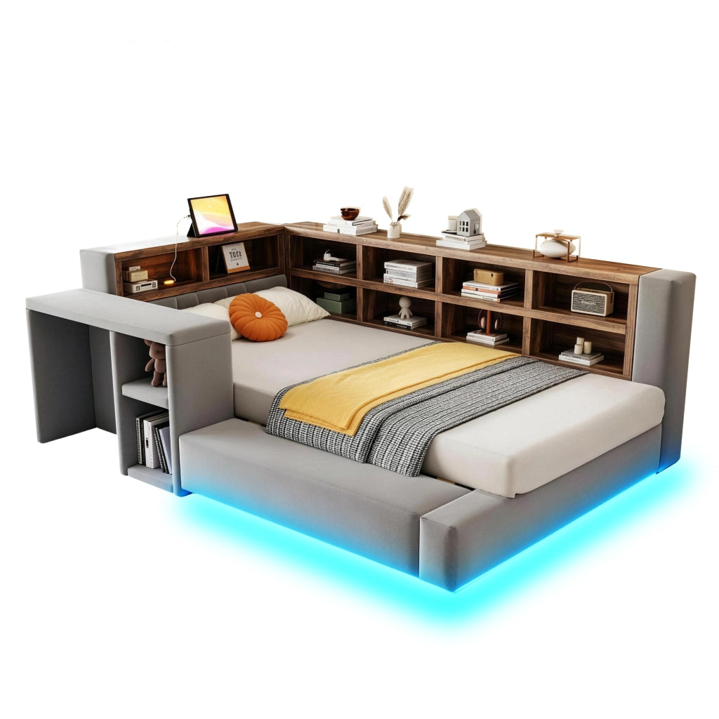 Letto imbottito 90 x 200 cm con testiera imbottita, vani portaoggetti, LED, prese integrate e tavolino laterale, Grigio scuro