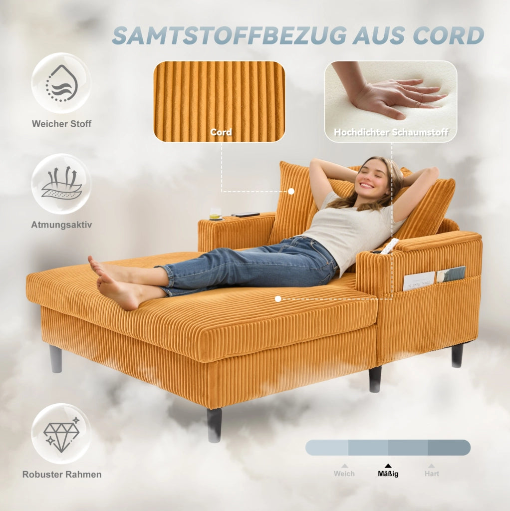 Chaise longue con LED; USB; contenitore e portabicchieri in velluto a coste giallo senape