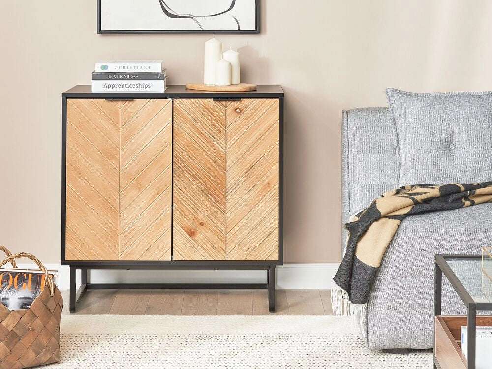 Credenza in legno nero e chiaro MDF impiallacciato in legno a 2 ante con ripiani Soluzione scandinava per lo stoccaggio della camera da letto